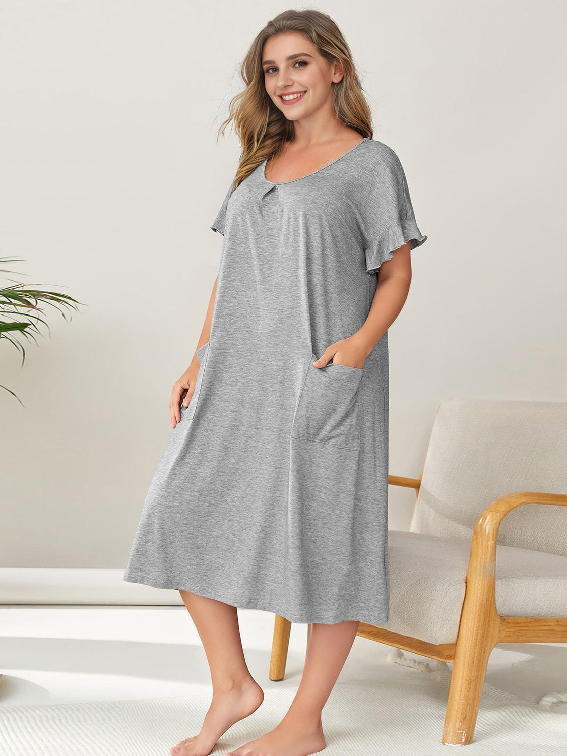 Plus Size Round Neck Short Sleeve Lounge Dress-TOPS / DRESSES-[Adult]-[Female]-2022 Online Blue Zone Planet