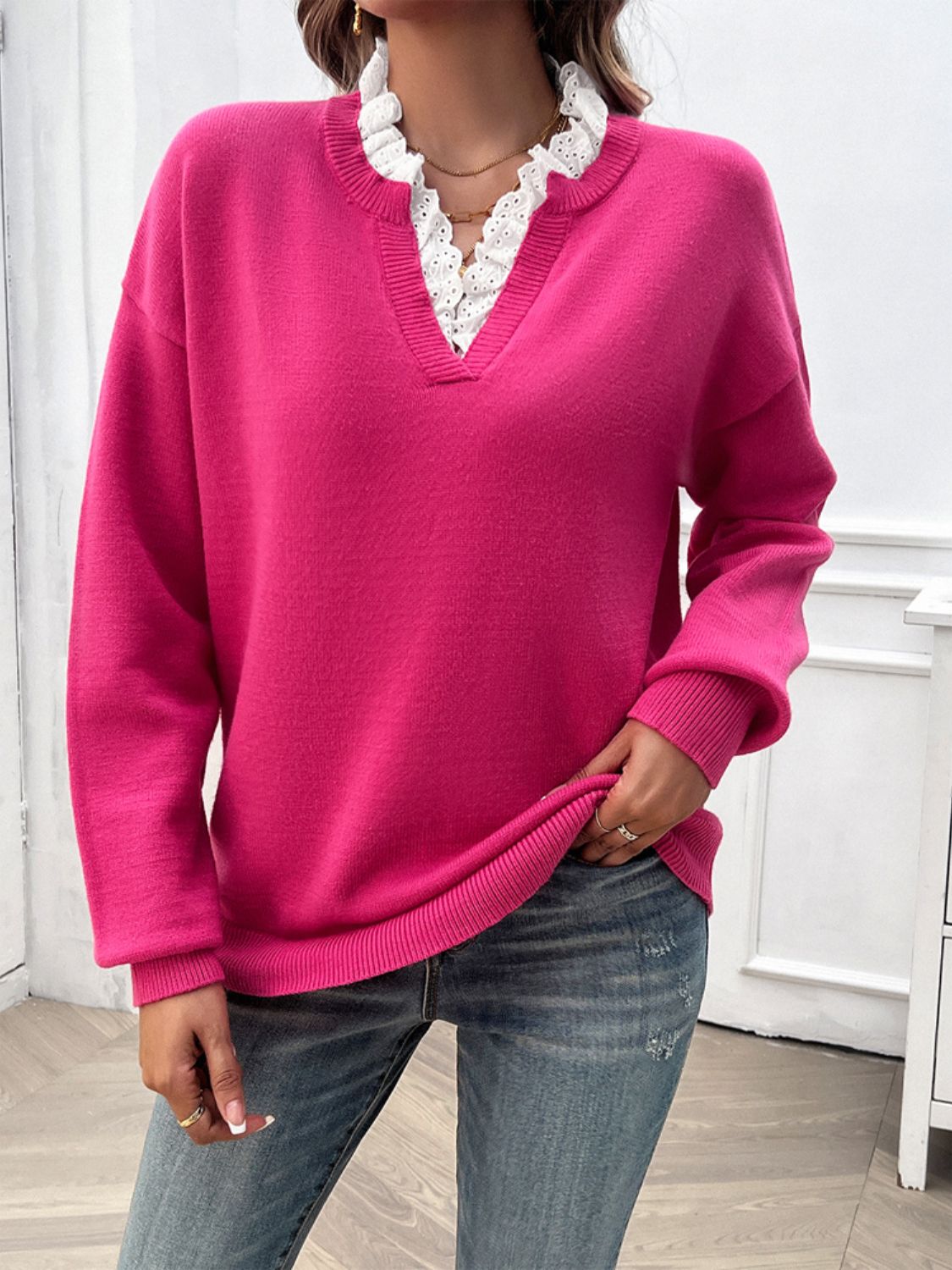 Lace Detail Notched Long Sleeve Sweater-TOPS / DRESSES-[Adult]-[Female]-Hot Pink-S-2022 Online Blue Zone Planet