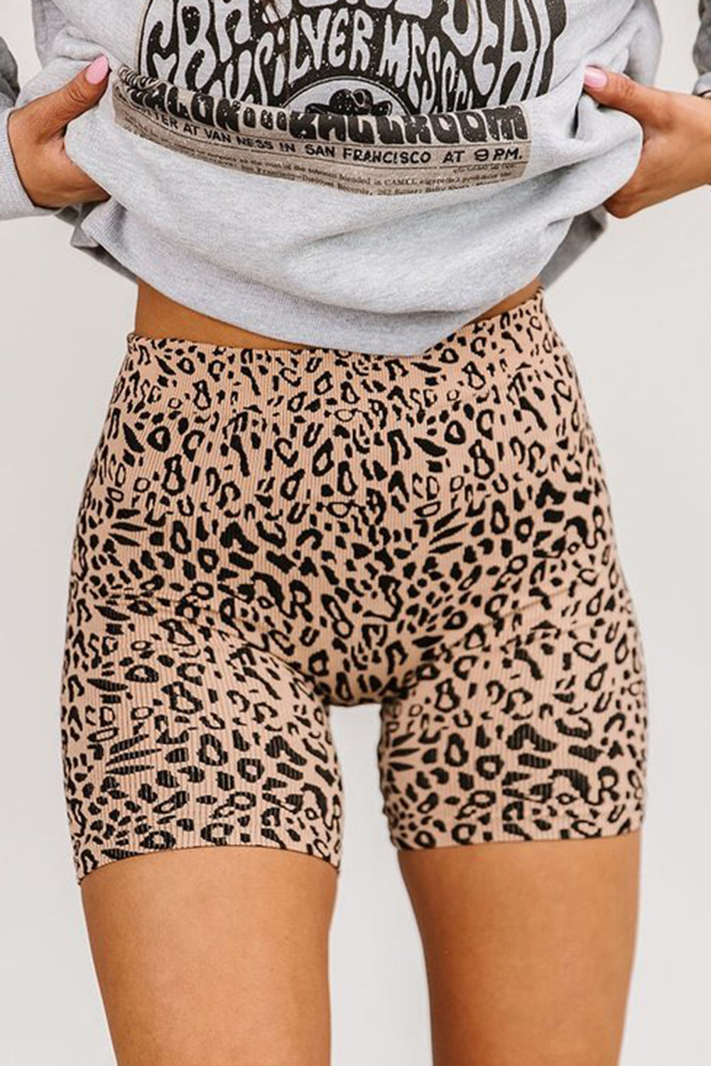 Khaki Leopard Print Ribbed Textured Knit Biker Shorts-Leggings-[Adult]-[Female]-2022 Online Blue Zone Planet