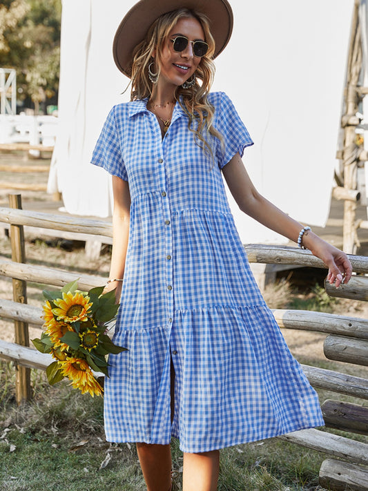 Blue Zone Planet | Button Up Plaid Short Sleeve Midi Dress-TOPS / DRESSES-[Adult]-[Female]-Blue-S-2022 Online Blue Zone Planet