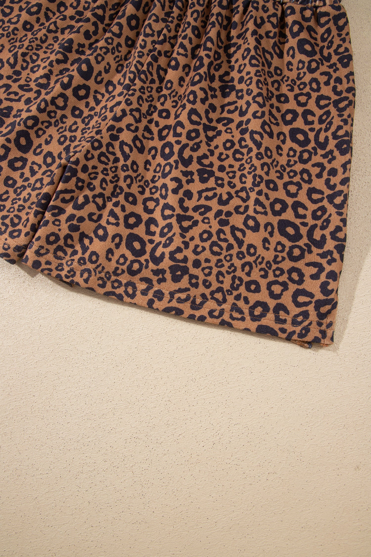 Brown Leopard Print Long Sleeve Henley Top Elastic Waist Shorts 2pcs Outfit-Two Piece Sets/Short Sets-[Adult]-[Female]-2022 Online Blue Zone Planet