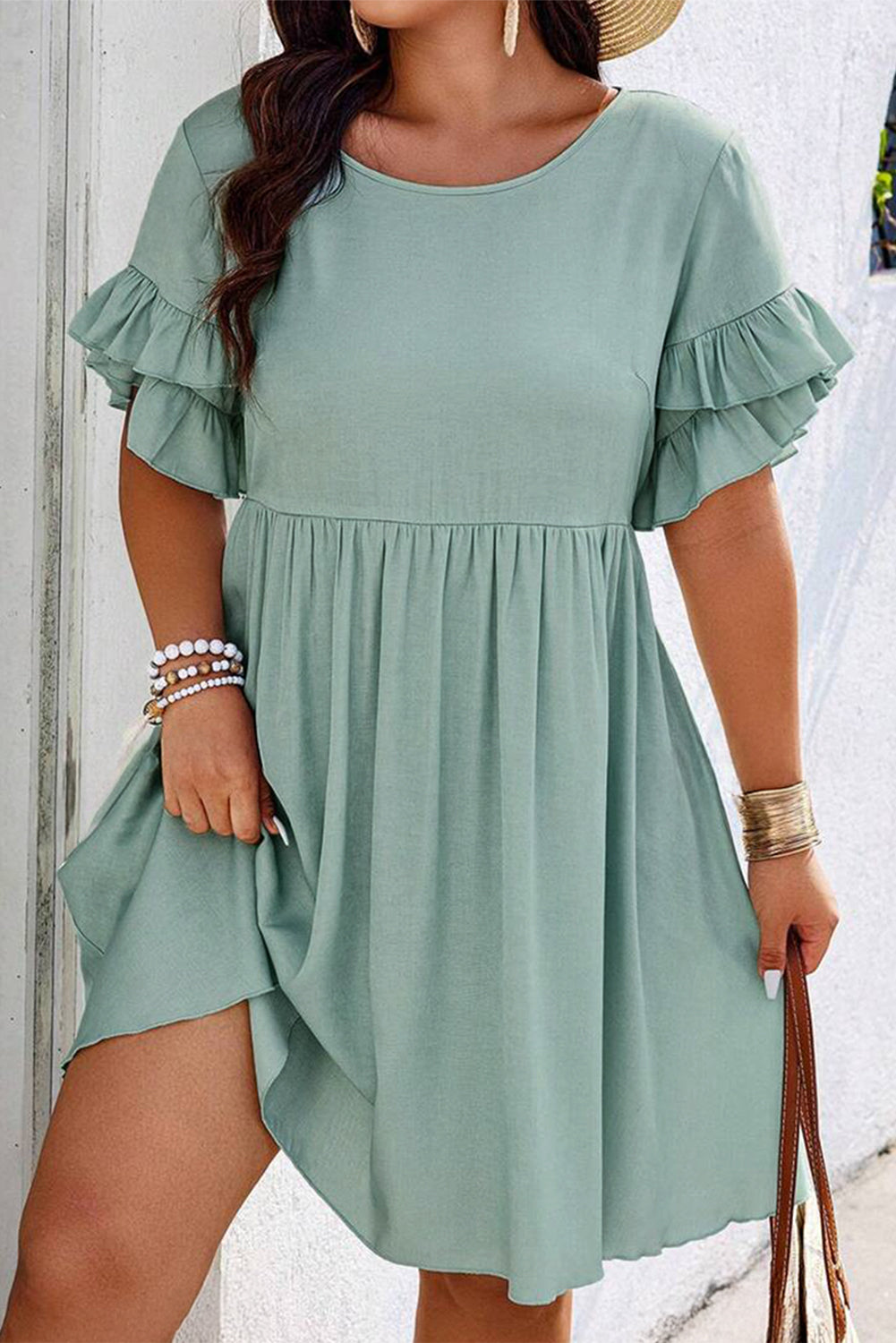 Grass Green Plain Ruffle Hem Plus Size Flared Mini Dress