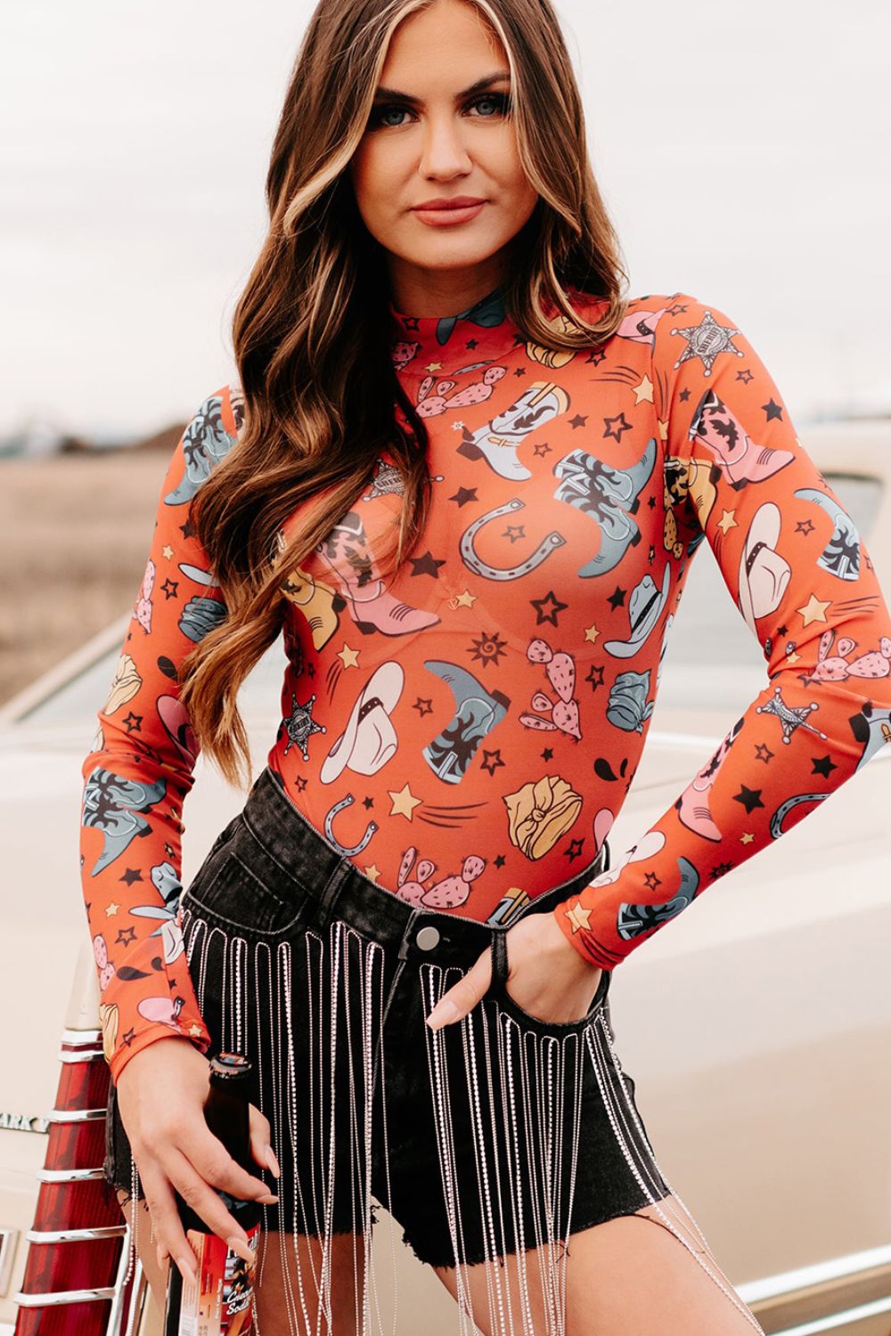 Printed Mock Neck Long Sleeve Bodysuit-TOPS / DRESSES-[Adult]-[Female]-2022 Online Blue Zone Planet