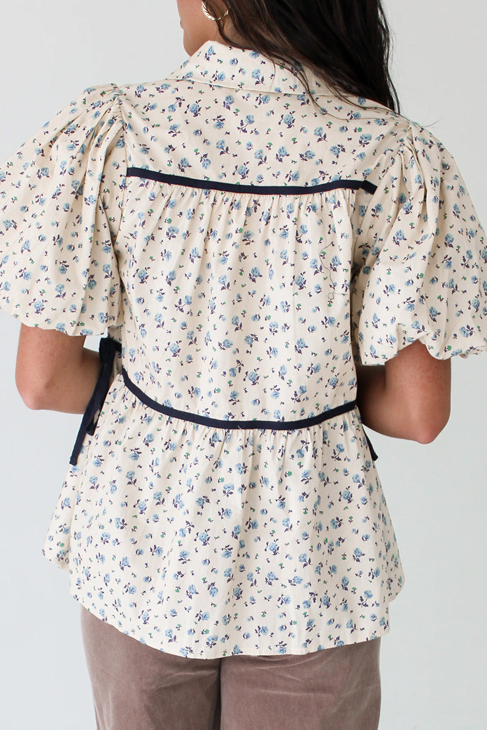 White Contrast Trim Floral Puff Short Sleeve Shirt-Tops/Blouses & Shirts-[Adult]-[Female]-2022 Online Blue Zone Planet