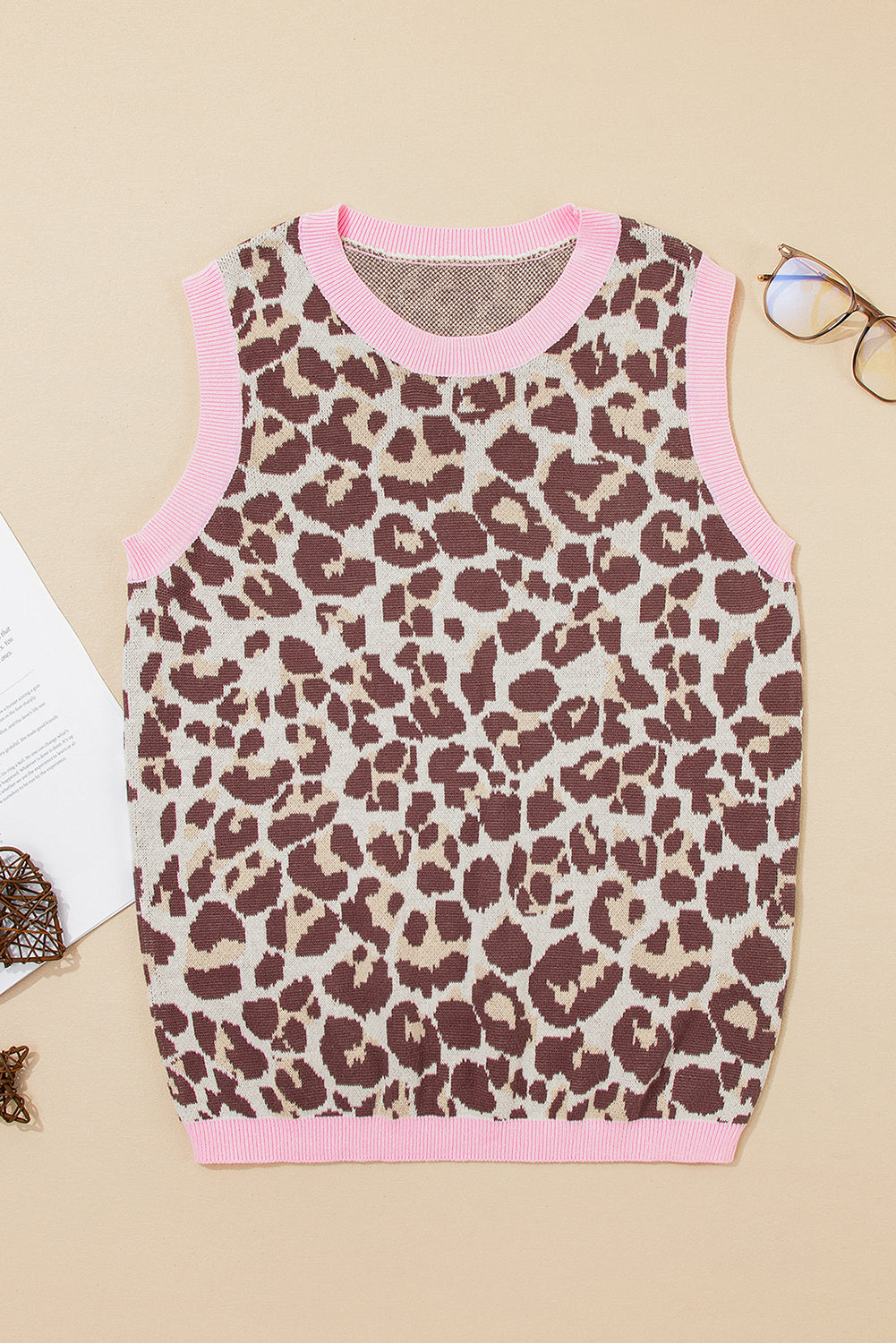 Brown Leopard Pattern Contrast Ribbed Trim Sweater Vest-TOPS / DRESSES-[Adult]-[Female]-2022 Online Blue Zone Planet