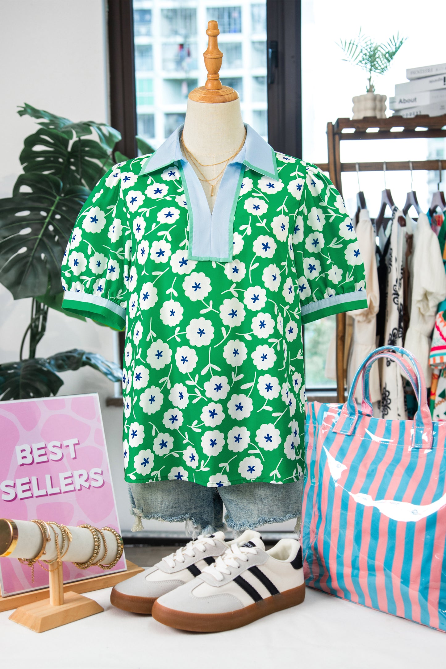 Green Flower Printed Contrast Patchwork Collar Short Sleeve Blouse-Tops/Blouses & Shirts-[Adult]-[Female]-2022 Online Blue Zone Planet