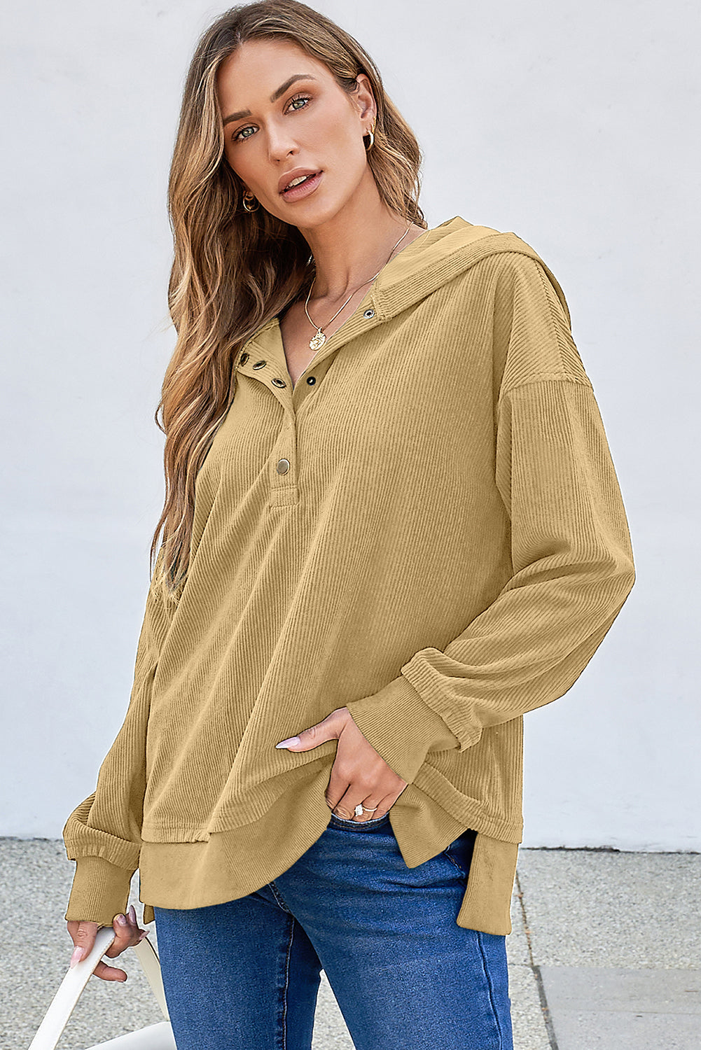 Simply Taupe Solid Ribbed Knit Buttoned Drop Shoulder Oversized Hoodie-Tops/Sweatshirts & Hoodies-[Adult]-[Female]-2022 Online Blue Zone Planet