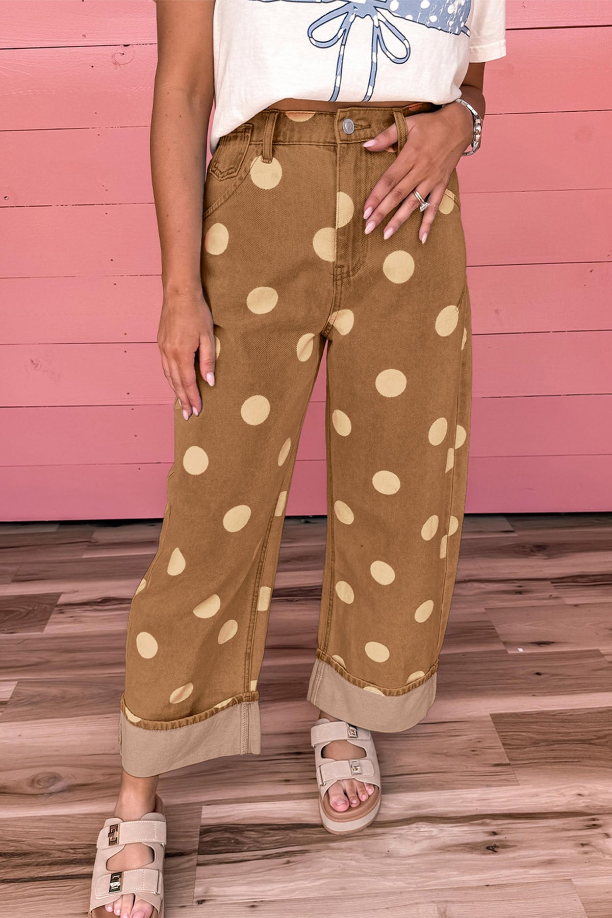 Sky Blue Polka Dot Ankle-Length Metal Button Casual Jeans-Bottoms/Jeans-[Adult]-[Female]-2022 Online Blue Zone Planet