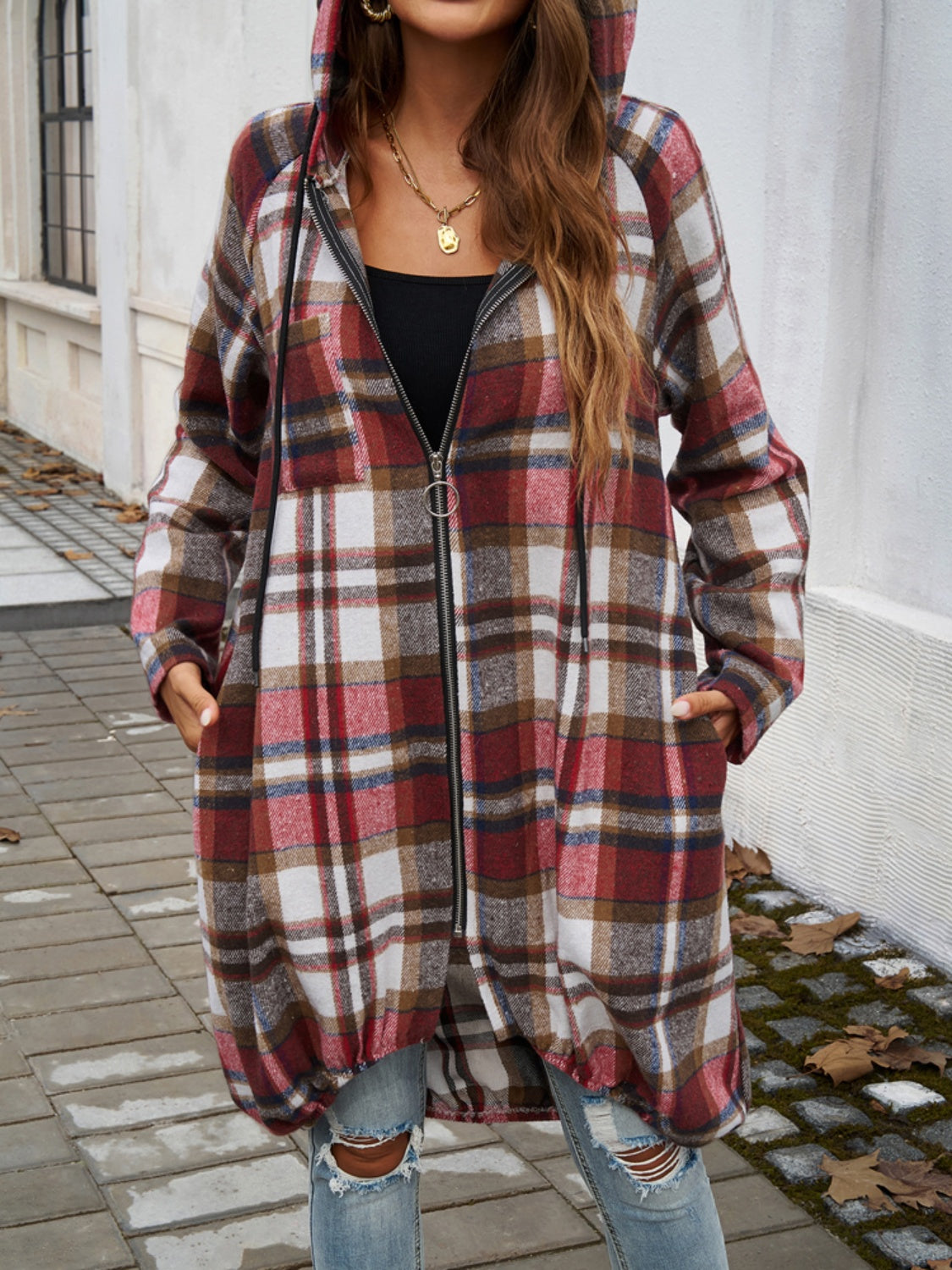 Plaid Zip Up Hooded Coat-TOPS / DRESSES-[Adult]-[Female]-2022 Online Blue Zone Planet