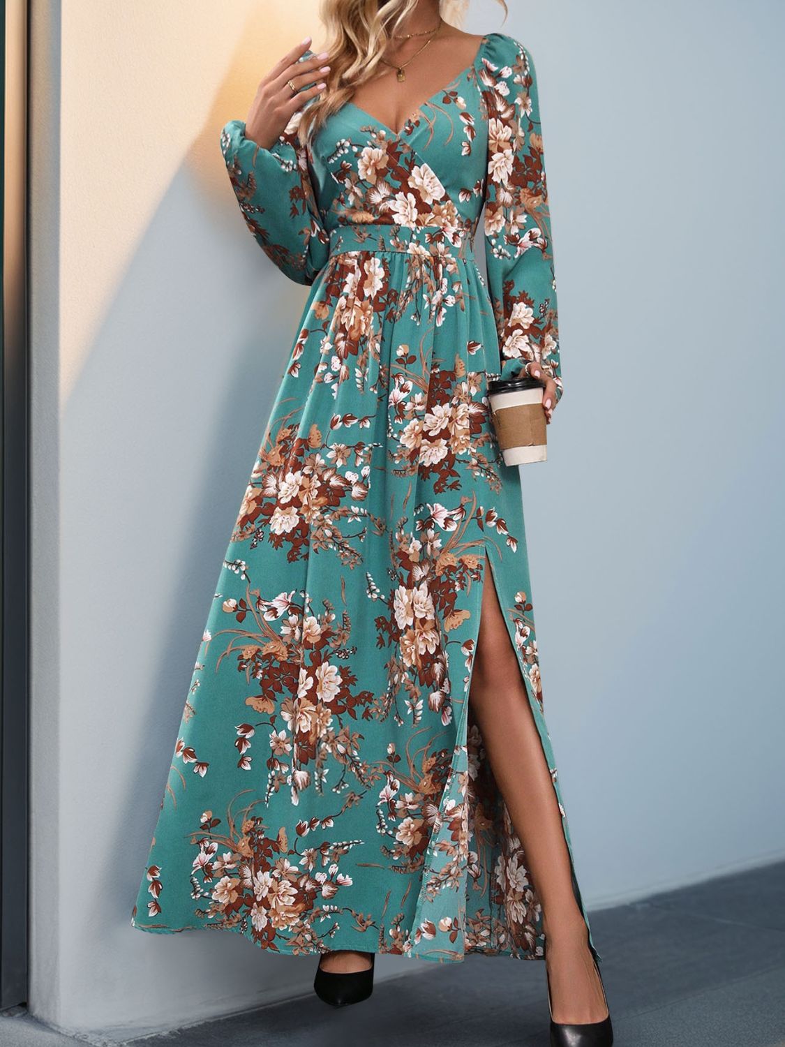 Slit Printed Surplice Long Sleeve Maxi Dress-TOPS / DRESSES-[Adult]-[Female]-Turquoise-S-2022 Online Blue Zone Planet