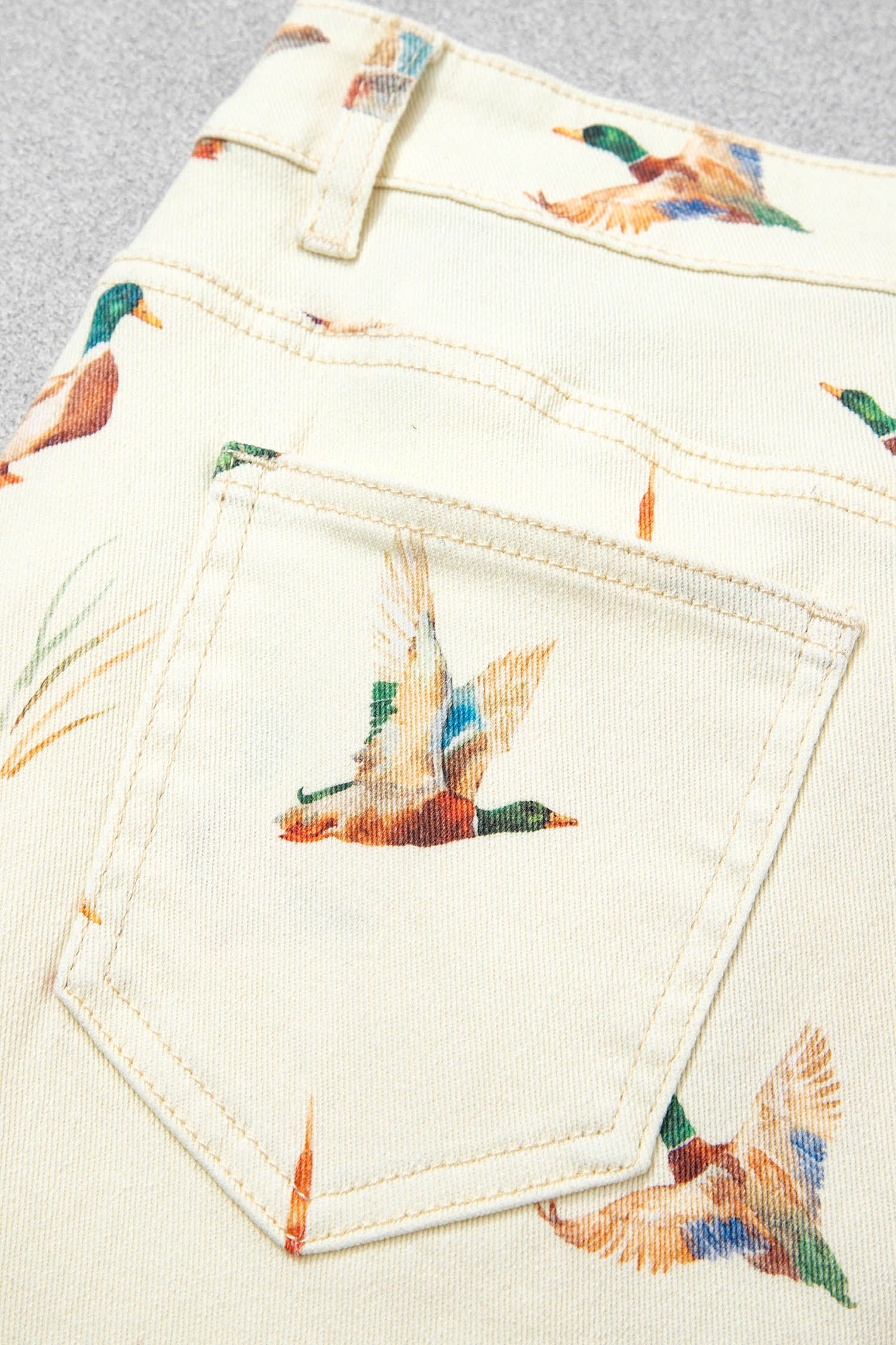 Beige Stylish Mallard Printed Cuffed Hem Shift Jeans-Bottoms/Jeans-[Adult]-[Female]-2022 Online Blue Zone Planet