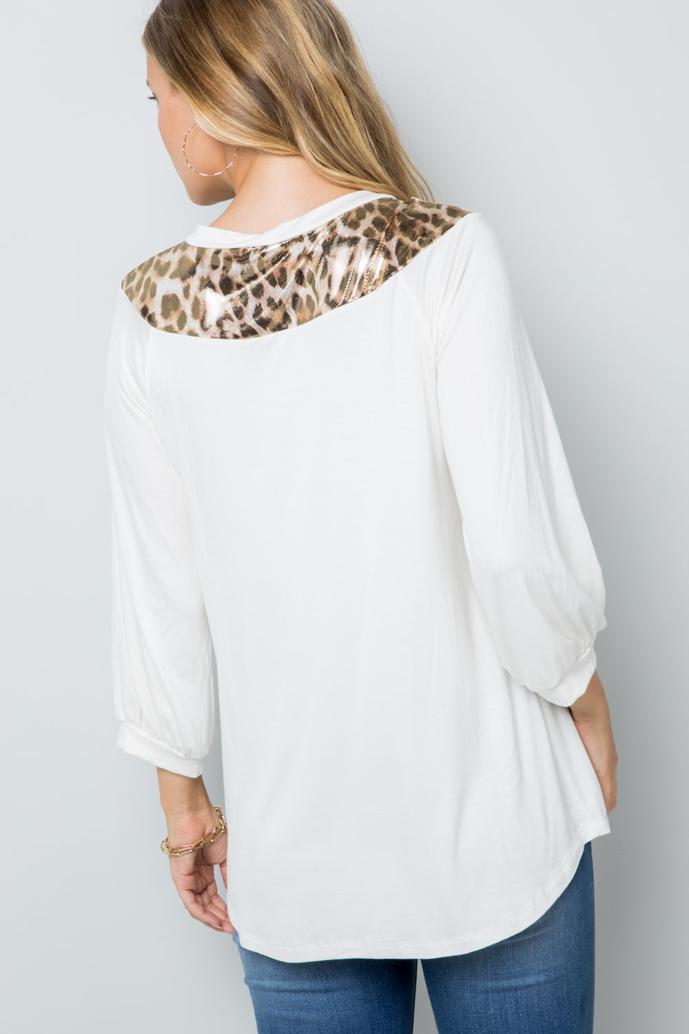 Celeste Full Size Leopard Contrast Balloon Sleeve Top-TOPS / DRESSES-[Adult]-[Female]-2022 Online Blue Zone Planet