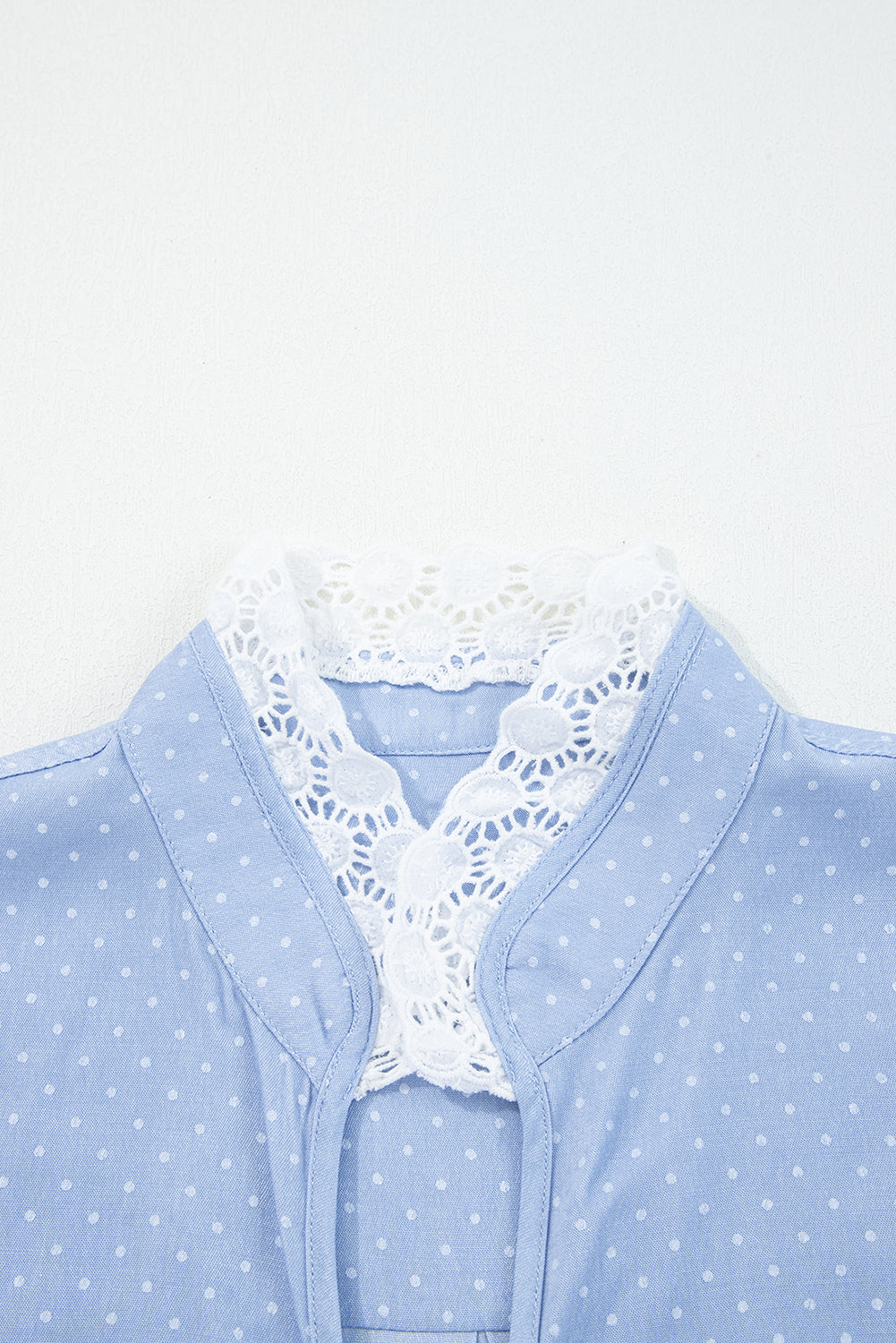 Beau Blue Lace Trim Patchwork Dotted Print Collared Denim Blouse-Tops/Blouses & Shirts-[Adult]-[Female]-2022 Online Blue Zone Planet