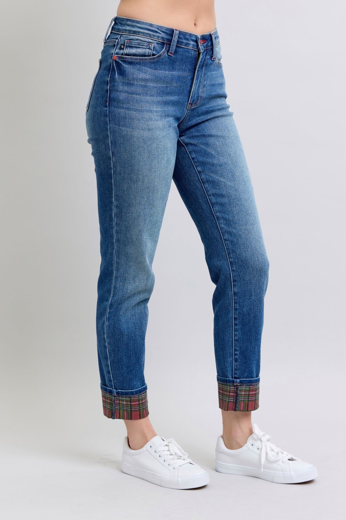 Blue Zone Planet | Judy Blue Full Size Plaid Print Cuff Straight Leg Jeans with Pockets-BOTTOMS SIZES SMALL MEDIUM LARGE-[Adult]-[Female]-2022 Online Blue Zone Planet