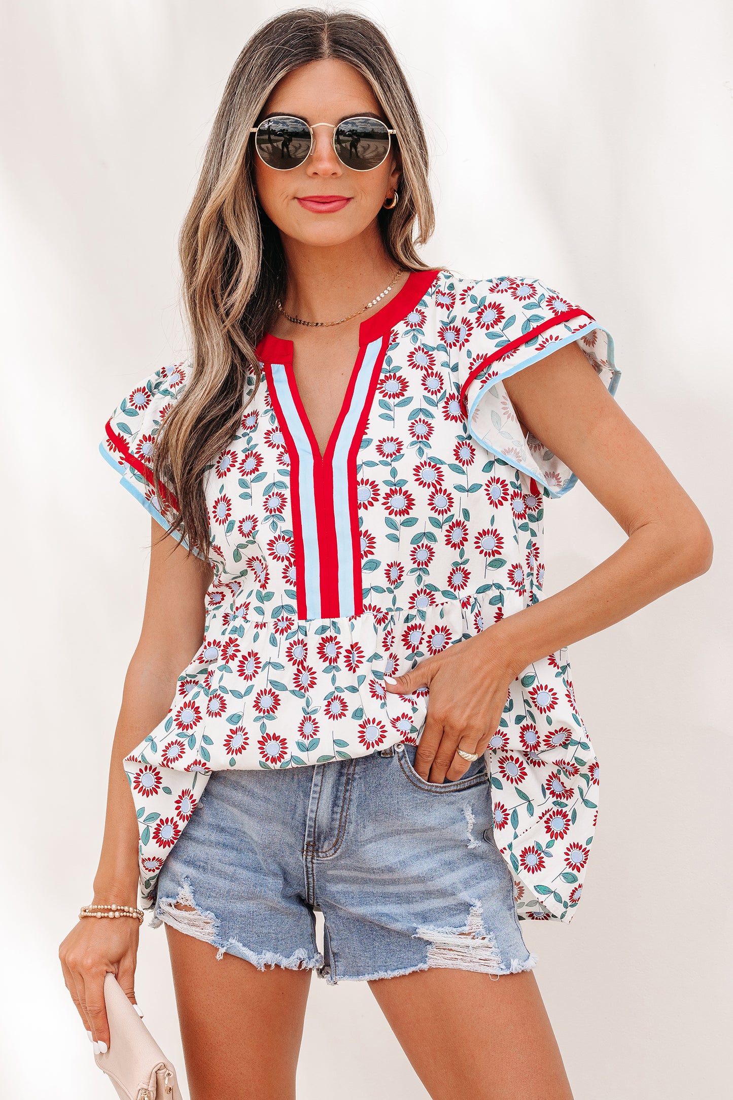 Red Sunflower Printed Contrast Trim V Neck Flutter Sleeve Blouse-Tops/Blouses & Shirts-[Adult]-[Female]-Red-S-2022 Online Blue Zone Planet