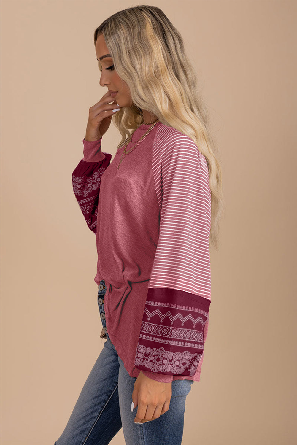 Mineral Red Contrast Print Striped Raglan Long Sleeve Loose Top-Tops/Long Sleeve Tops-[Adult]-[Female]-2022 Online Blue Zone Planet