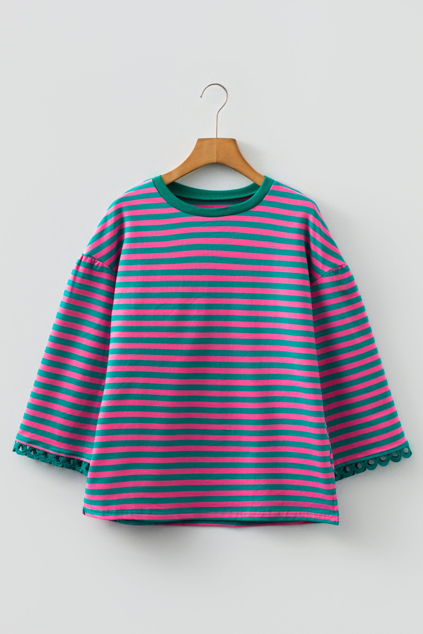 Sachet Pink Striped Print Drop Shoulder Lace Trim Bracelet Sleeve Loose Top-Bracelet-[Adult]-[Female]-2022 Online Blue Zone Planet