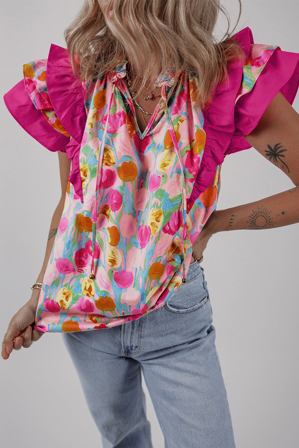 Pink Floral Layered Ruffle Flutter Sleeve Tie V Neck Blouse-Tops/Blouses & Shirts-[Adult]-[Female]-2022 Online Blue Zone Planet