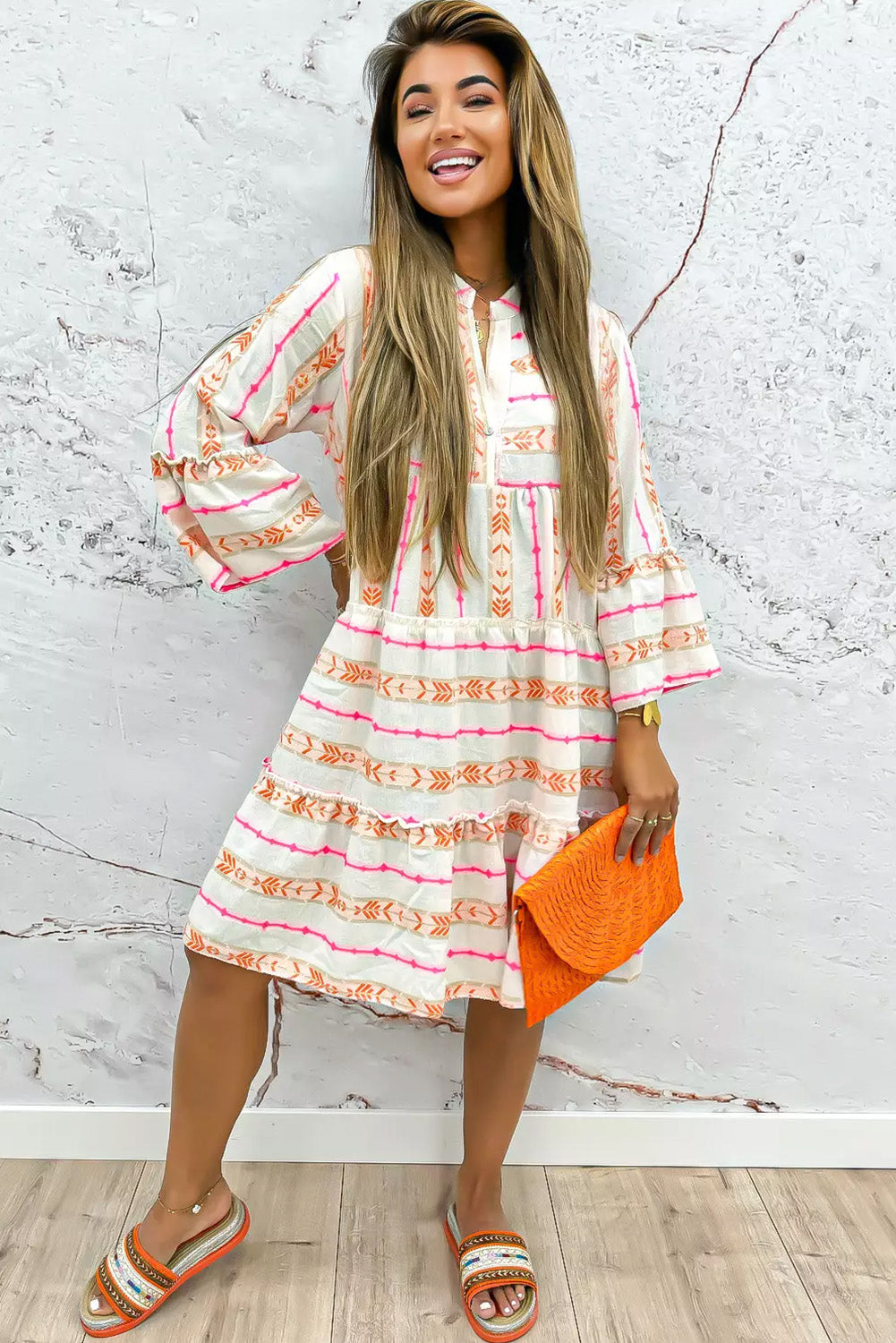 Orange Bohemian Printed Bracelet Sleeve Slit Neck Ruffled Loose Dress-Dresses/Mini Dresses-[Adult]-[Female]-2022 Online Blue Zone Planet