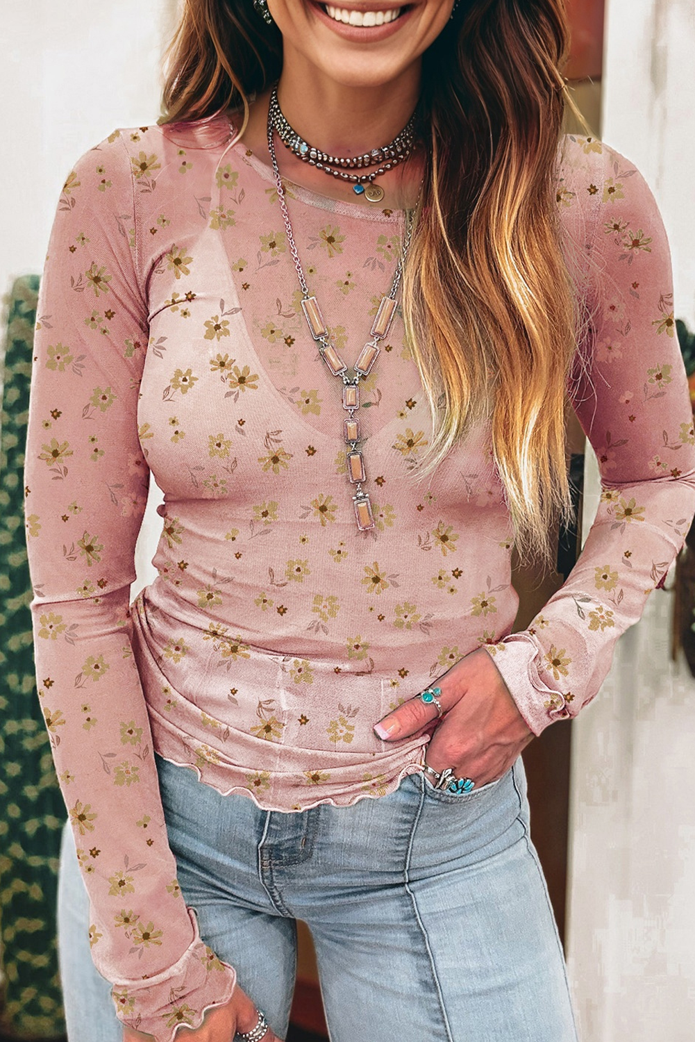 Sky Blue Vintage Floral Print Southern Style Mesh Long Sleeve Top-Tops/Long Sleeve Tops-[Adult]-[Female]-2022 Online Blue Zone Planet