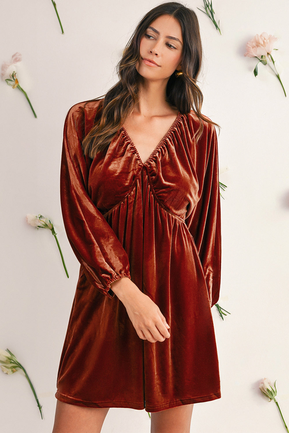 Clay Elastic V Neck Puff Sleeve Flowy Velvet Dress