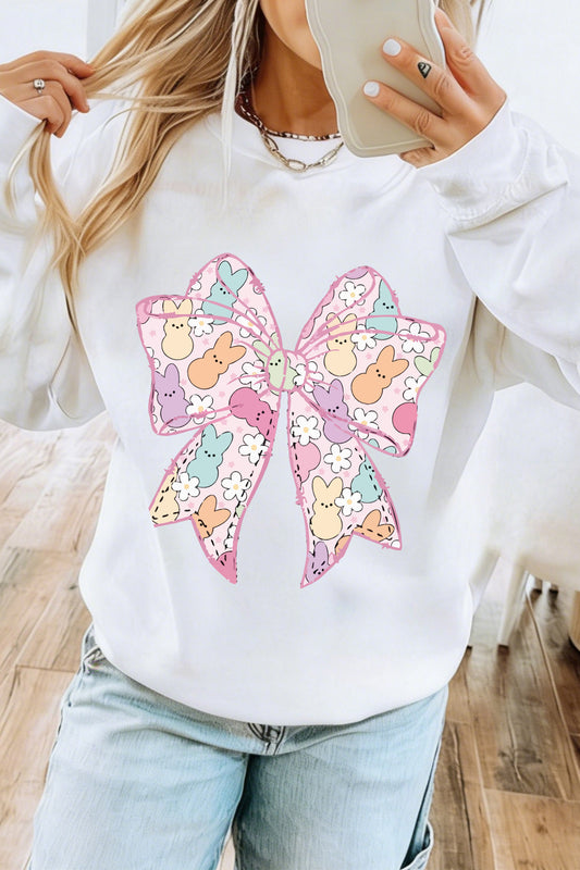 White Easter Bunny Bow Printed Casual Sweatshirt-Graphic/Graphic Sweatshirts-[Adult]-[Female]-White-S-2022 Online Blue Zone Planet