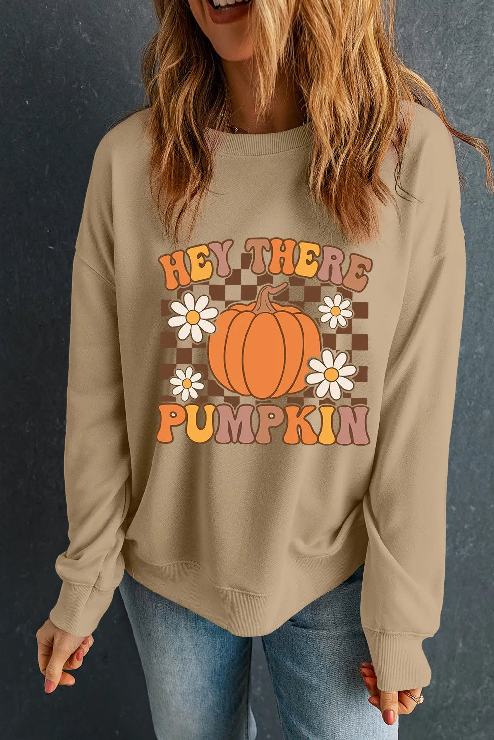 Pumpkin Graphic Long Sleeve Sweatshirt-TOPS / DRESSES-[Adult]-[Female]-Khaki-S-2022 Online Blue Zone Planet