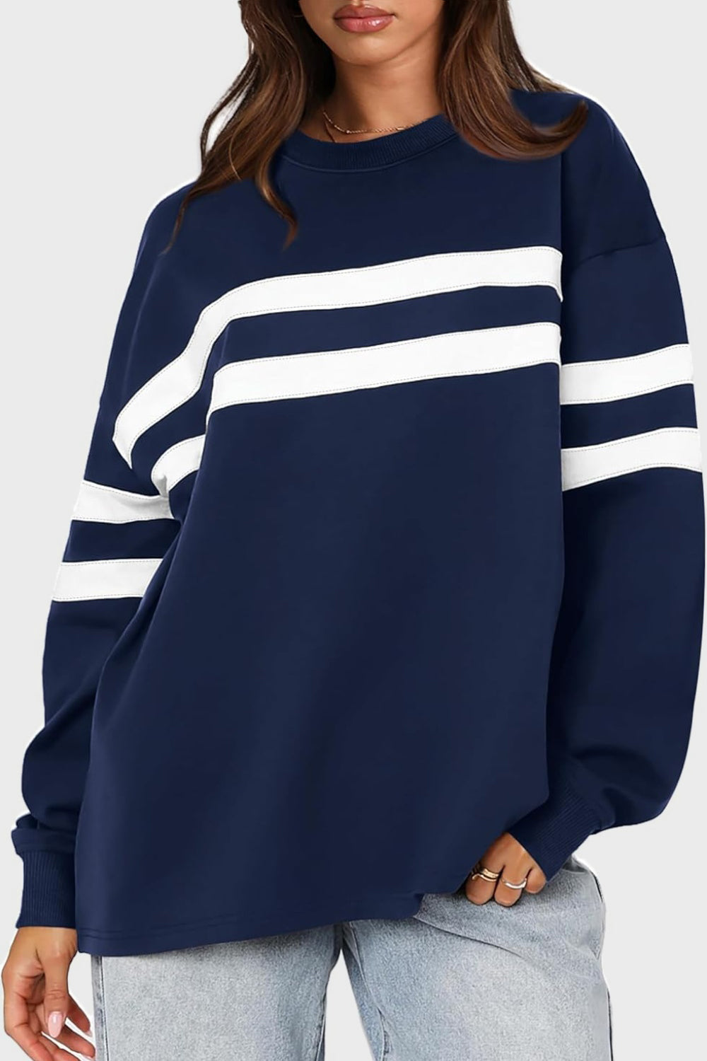 Lovelet Striped Round Neck Dropped Shoulder Sweatshirt-TOPS / DRESSES-[Adult]-[Female]-Navy-S-2022 Online Blue Zone Planet