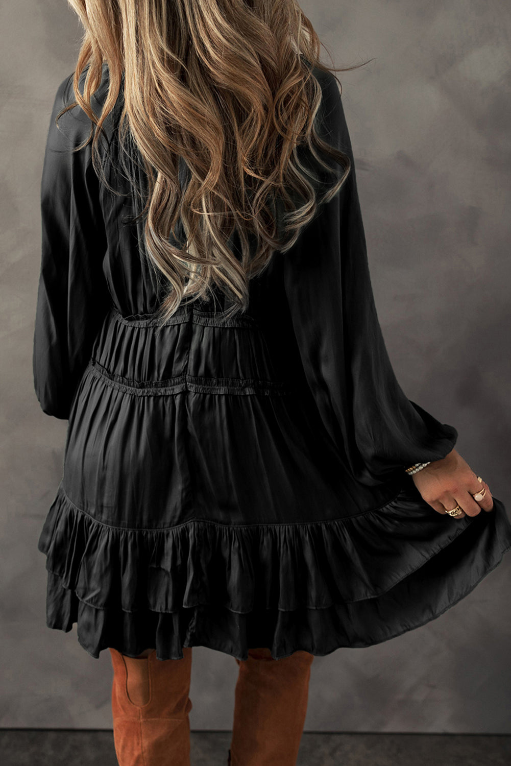 Blue Zone Planet | Black Tiered Ruffled Puff Sleeve Loose Fit Mini Dress-TOPS / DRESSES-[Adult]-[Female]-2022 Online Blue Zone Planet