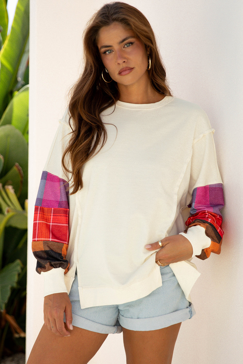 Beige Contrast Plaid Long Sleeve Exposed Seam Patchwork Top-Tops/Long Sleeve Tops-[Adult]-[Female]-2022 Online Blue Zone Planet