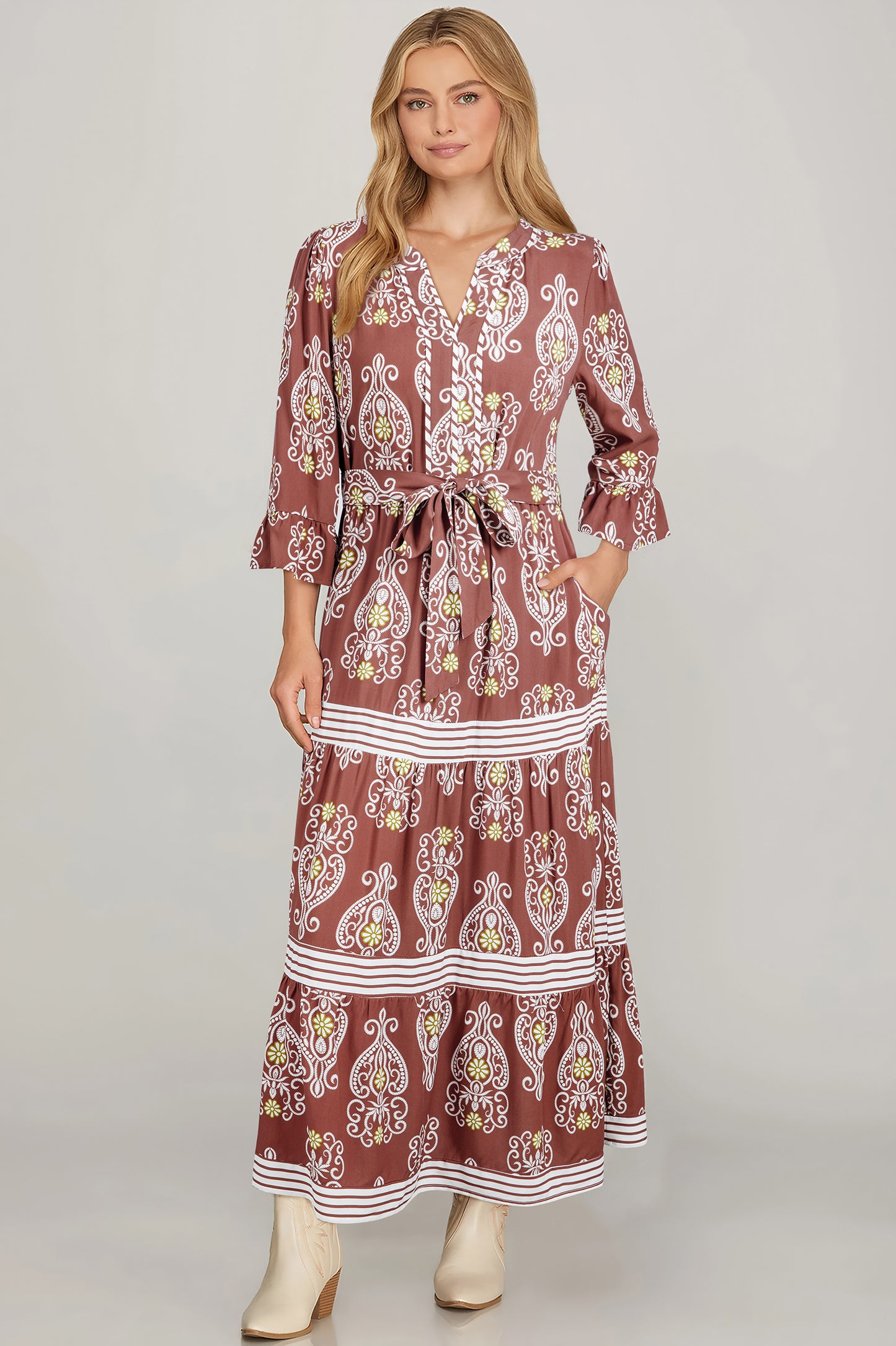 Brown Floral Print Belted Striped Trim Tiered Maxi Dress-TOPS / DRESSES-[Adult]-[Female]-2022 Online Blue Zone Planet