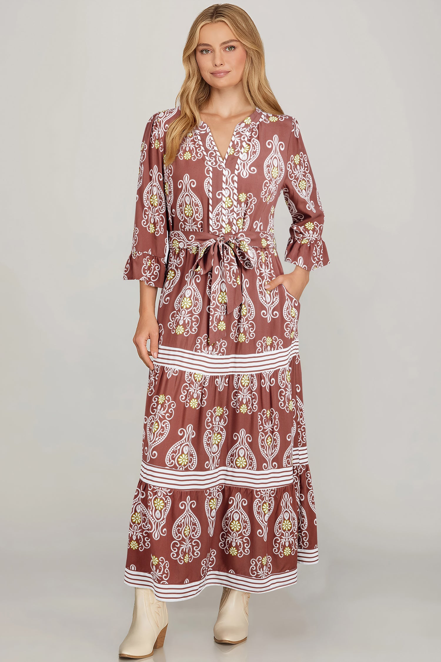 Brown Floral Print Belted Striped Trim Tiered Maxi Dress-TOPS / DRESSES-[Adult]-[Female]-2022 Online Blue Zone Planet