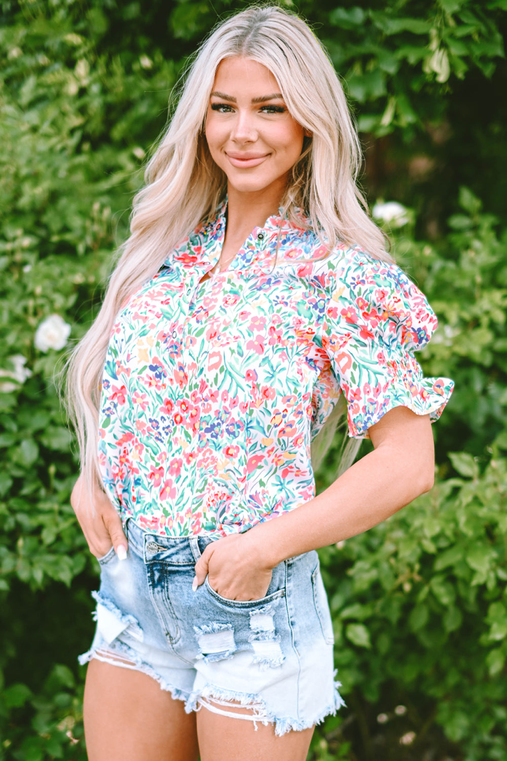 Pink Floral Print Button Split Neck Puff Sleeve Blouse-Tops/Blouses & Shirts-[Adult]-[Female]-2022 Online Blue Zone Planet