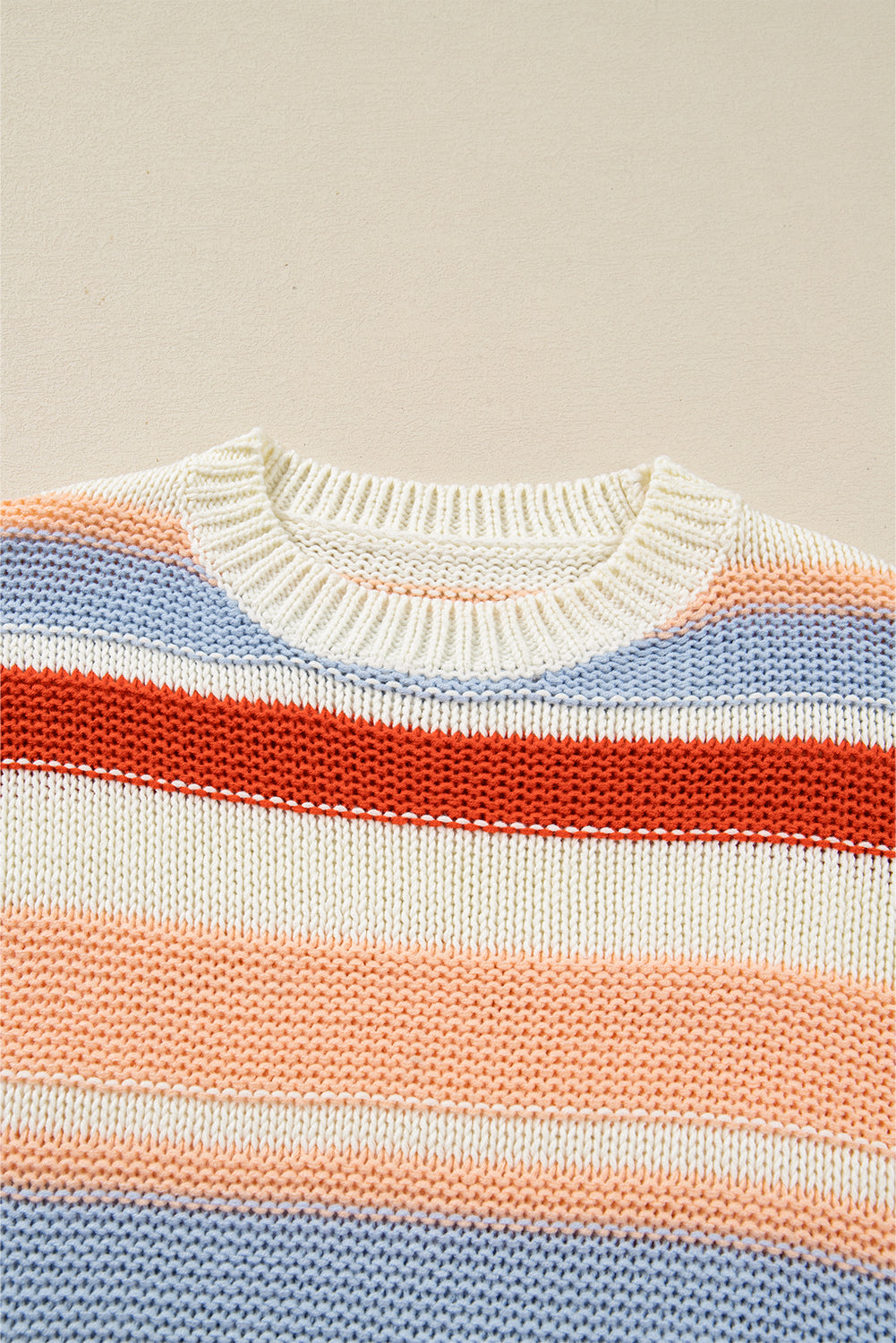 Pink Striped Colorblock Round Neck Drop Shoulder Sweater-Sweaters & Cardigans/Sweaters-[Adult]-[Female]-2022 Online Blue Zone Planet