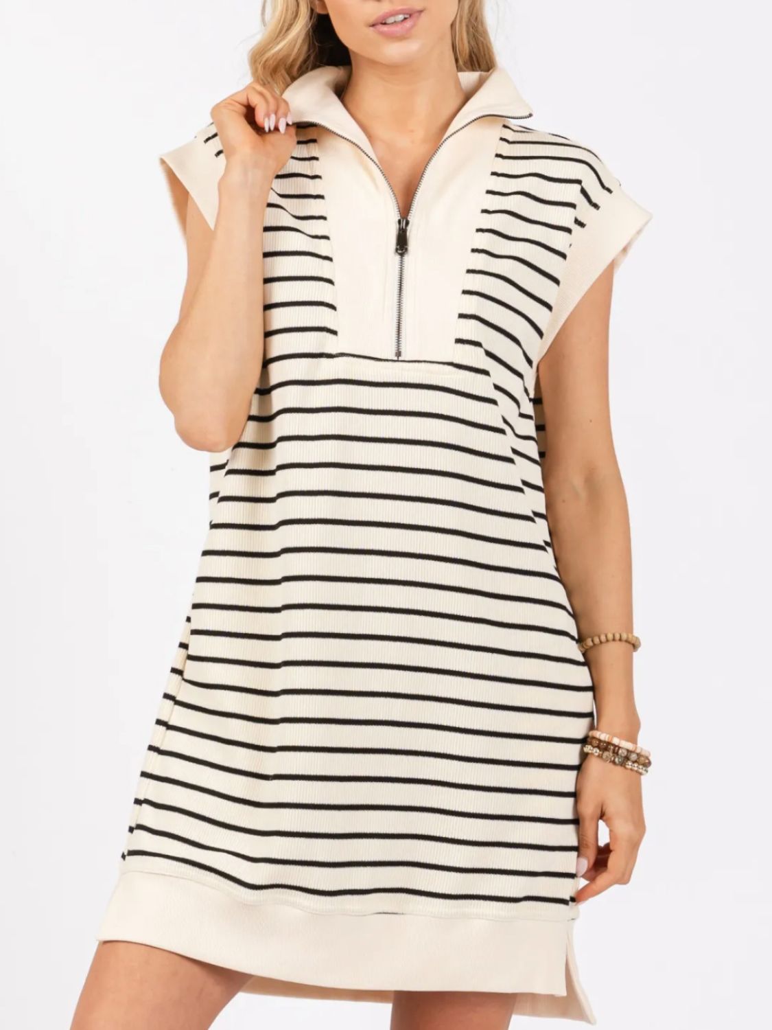 Blue Zone Planet | Full Size Pocketed Striped Quarter Zip Cap Sleeve Dress-TOPS / DRESSES-[Adult]-[Female]-Cream-S-2022 Online Blue Zone Planet