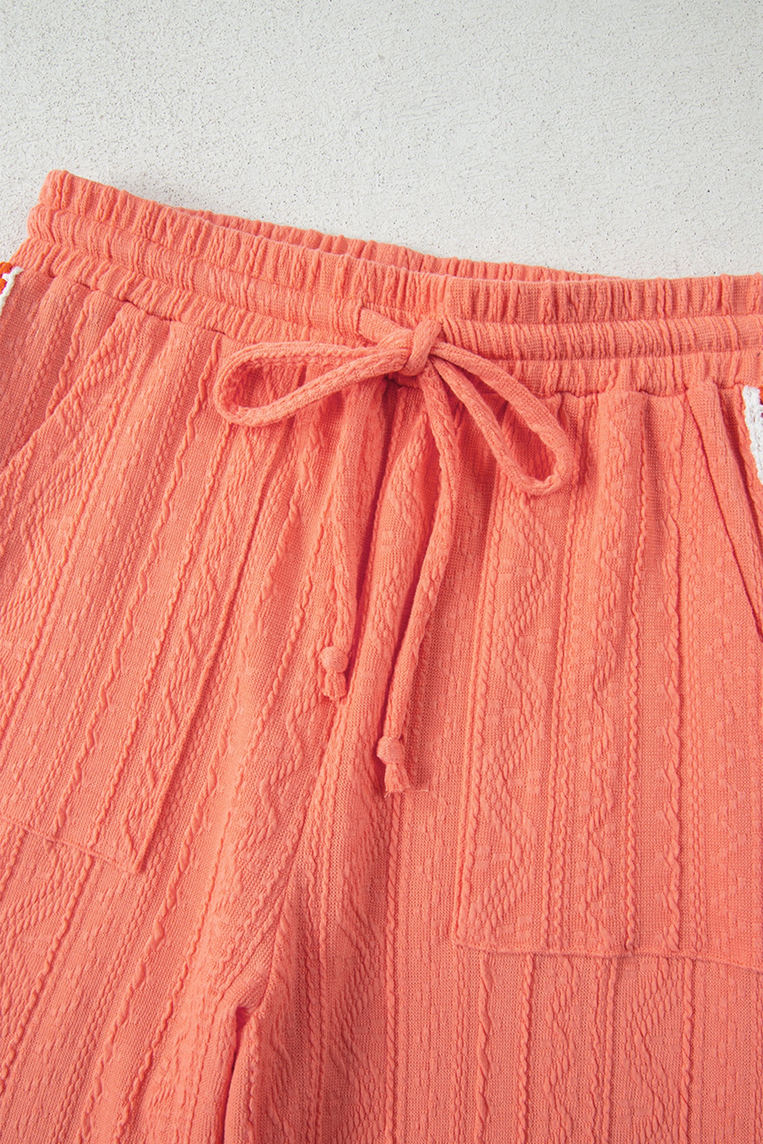 Grapefruit Orange Crochet Floral Accent V Neck Textured Pants Set-Two Piece Sets/Pant Sets-[Adult]-[Female]-2022 Online Blue Zone Planet