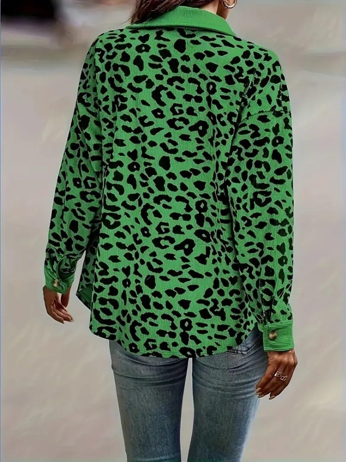 Full Size Leopard Collared Neck Button Up Long Sleeve Jacket-TOPS / DRESSES-[Adult]-[Female]-Green-S-2022 Online Blue Zone Planet