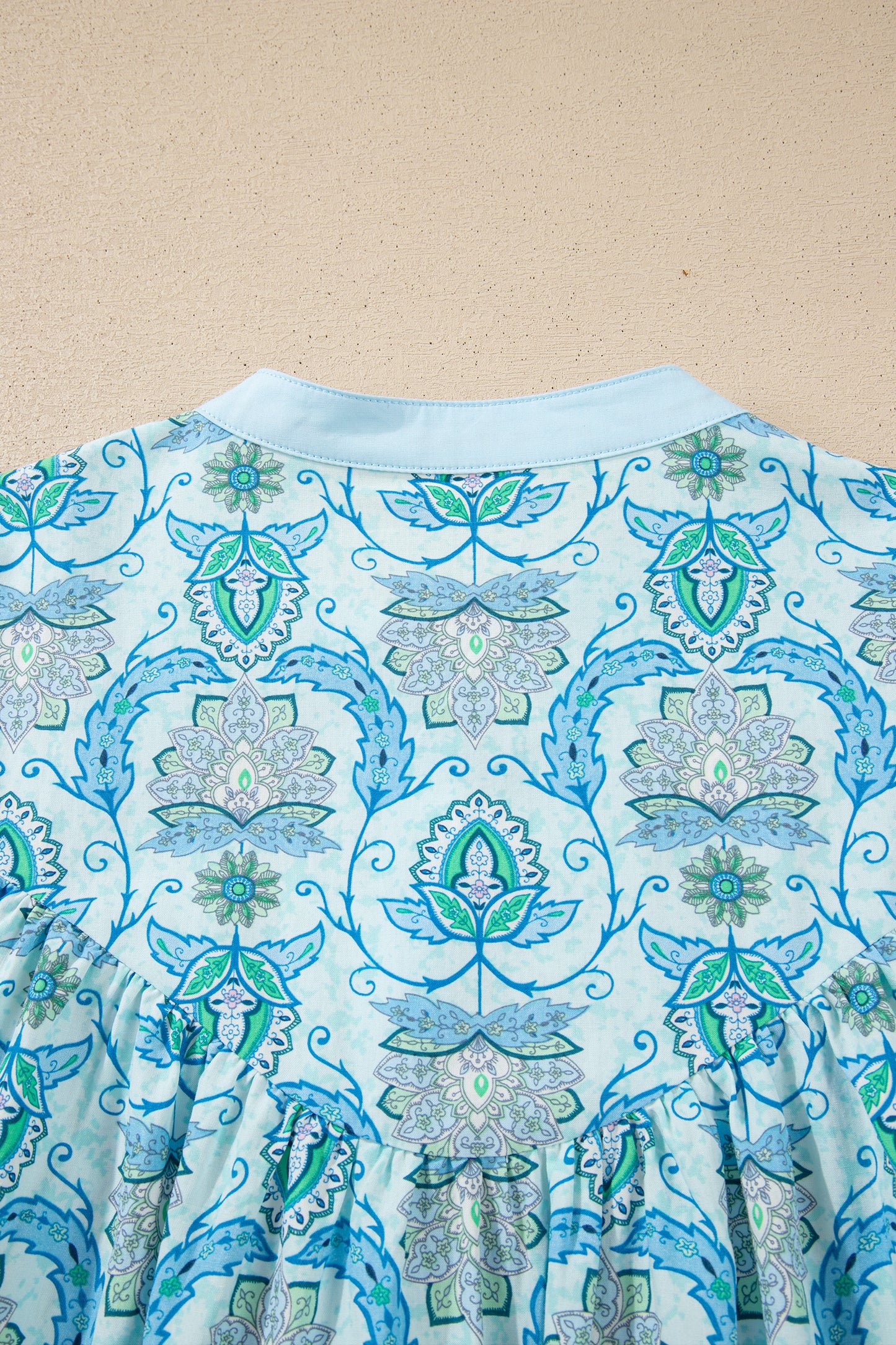 Sky Blue Paisley Print Puff Sleeve Loose Shirt-Tops/Blouses & Shirts-[Adult]-[Female]-2022 Online Blue Zone Planet