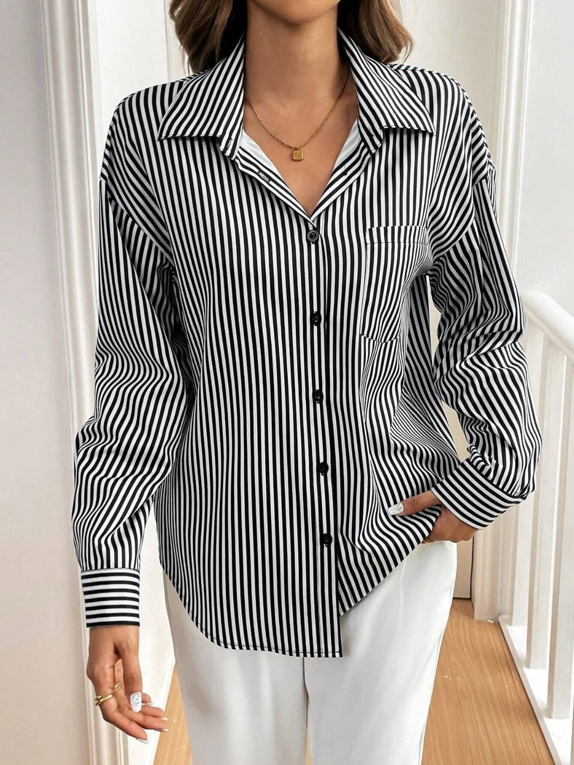 Cutout Bow Back Striped Collared Neck Long Sleeve Shirt-TOPS / DRESSES-[Adult]-[Female]-2022 Online Blue Zone Planet