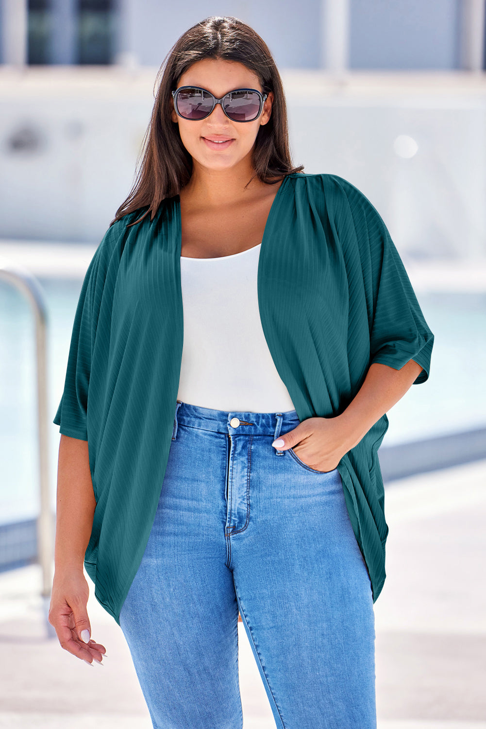 Green-2 Shimmer Ribbed Texture Plus Size Cardigan-Plus Size/Plus Size Sweaters & Cardigans-[Adult]-[Female]-2022 Online Blue Zone Planet