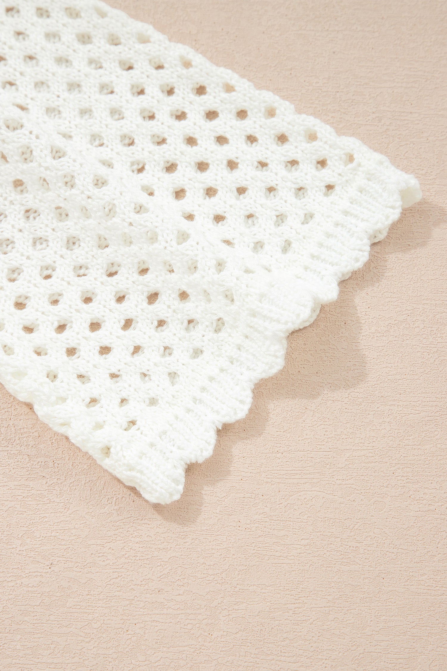 Yellow Cream Scalloped Trim Hollow Out Knit Long Sleeve Top-Sweaters & Cardigans/Sweaters-[Adult]-[Female]-2022 Online Blue Zone Planet