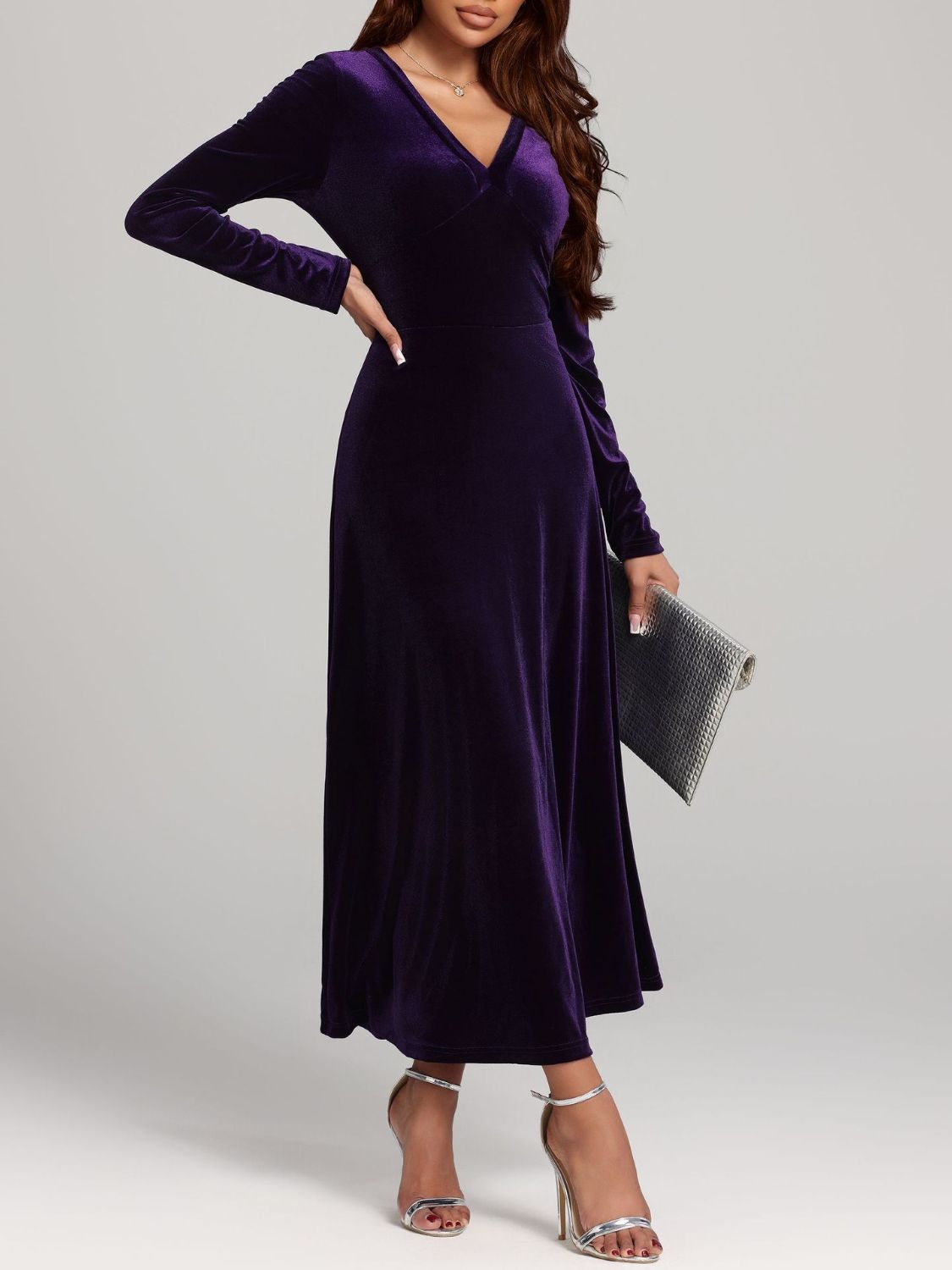 Blue Zone Planet | V-Neck Long Sleeve Velvet Dress-TOPS / DRESSES-[Adult]-[Female]-2022 Online Blue Zone Planet