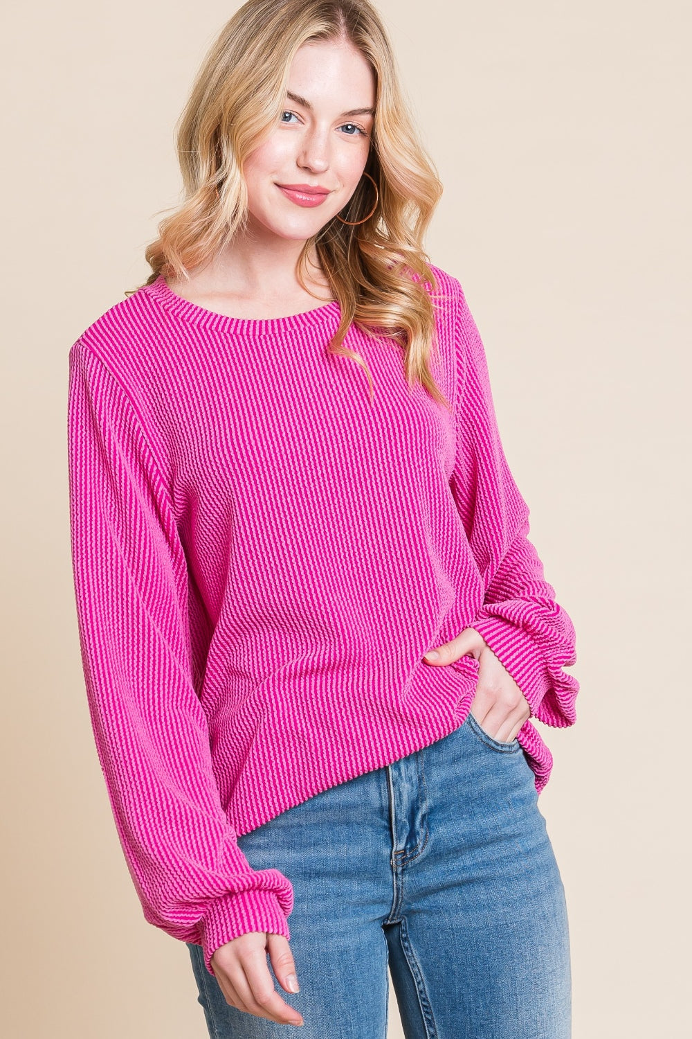 Blue Zone Planet | BOMBOM Long Sleeve Curved Hem Ribbed T-Shirt-TOPS / DRESSES-[Adult]-[Female]-Fuchsia-S-2022 Online Blue Zone Planet