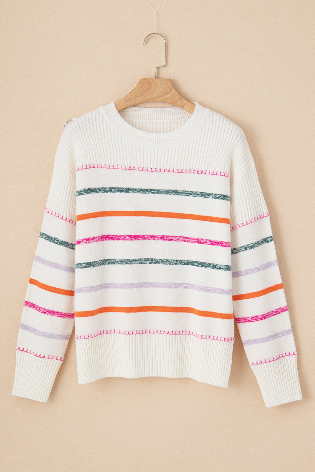 Blue Zone Planet | Black Colorful Striped Ribbed Trim Round Neck Sweater-Sweaters-[Adult]-[Female]-2022 Online Blue Zone Planet