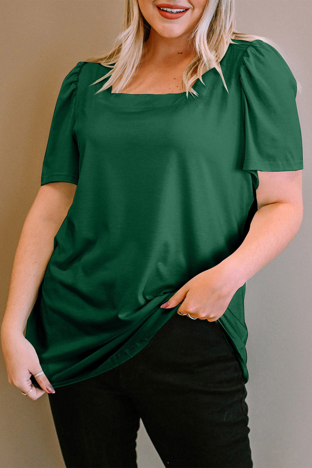 Black Plus Size Square Neck Ruched Shoulder Short Sleeve Top-Sale (50% OFF)/20% OFF-[Adult]-[Female]-Green-1X-2022 Online Blue Zone Planet