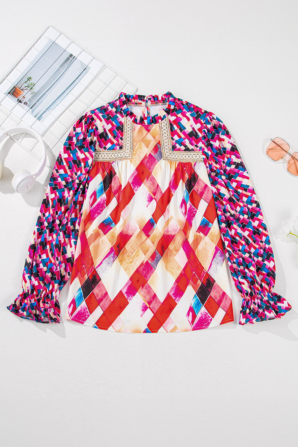 Blue Zone Planet | Rose Red Abstract Geometric Patchwork Puff Sleeve Blouse-Blouses-[Adult]-[Female]-2022 Online Blue Zone Planet