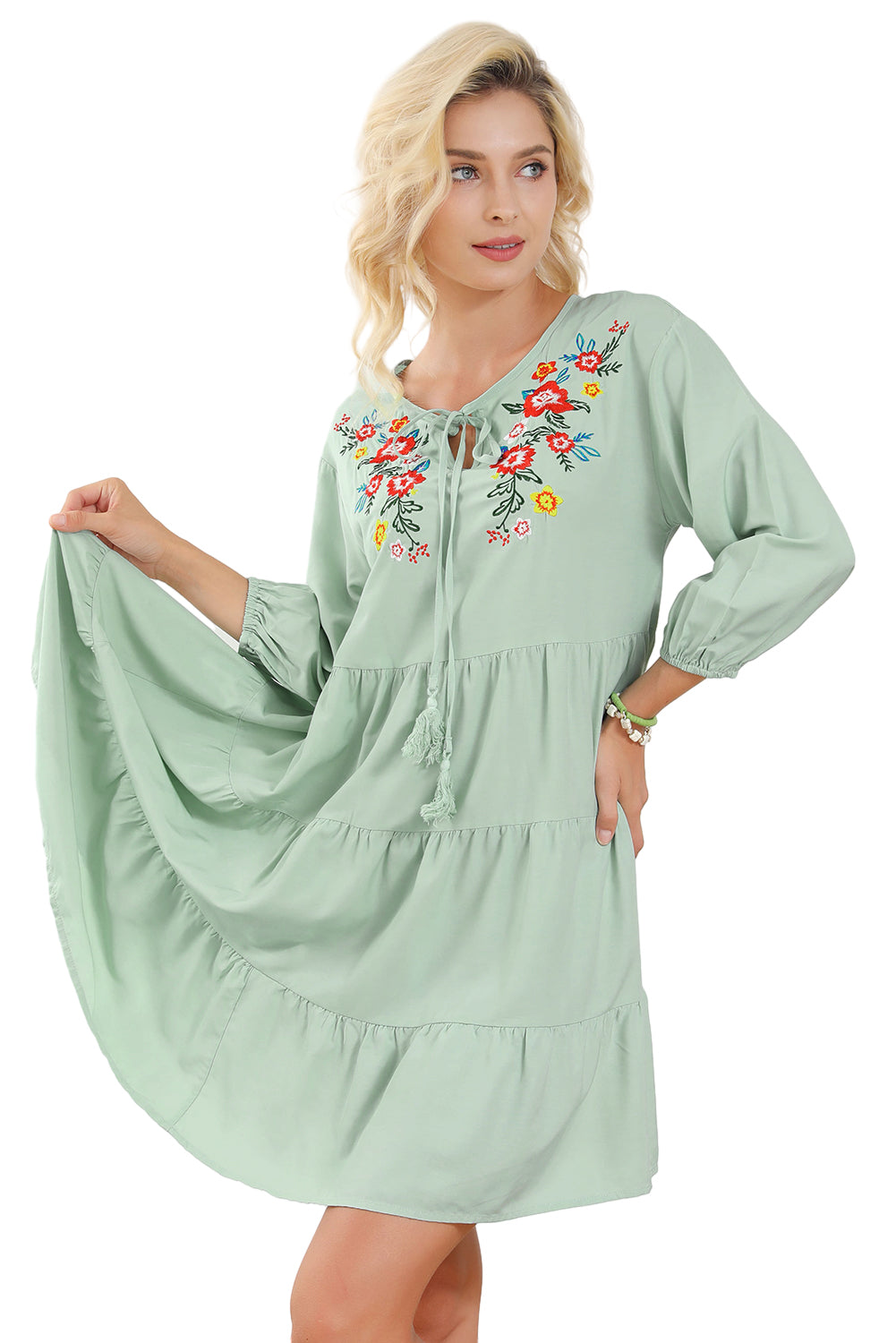 Blue Zone Planet | Green Floral Embroidery Tiered Ruffle Hem Dress-TOPS / DRESSES-[Adult]-[Female]-2022 Online Blue Zone Planet