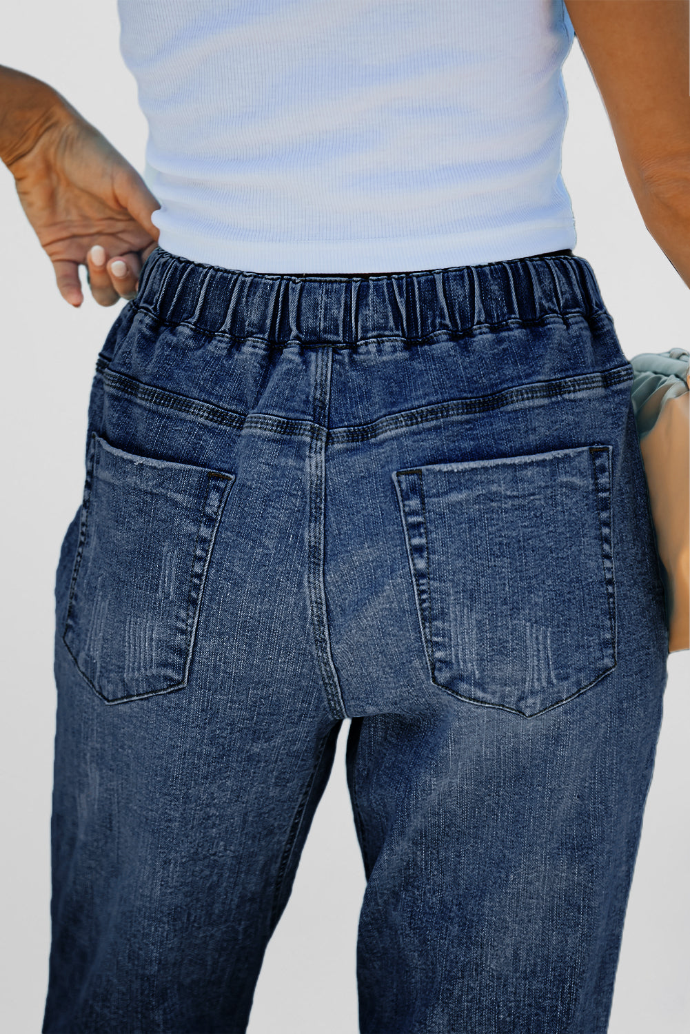 Dark Blue Gather Round Distressed Pocketed Denim Jogger-Bottoms/Jeans-[Adult]-[Female]-2022 Online Blue Zone Planet