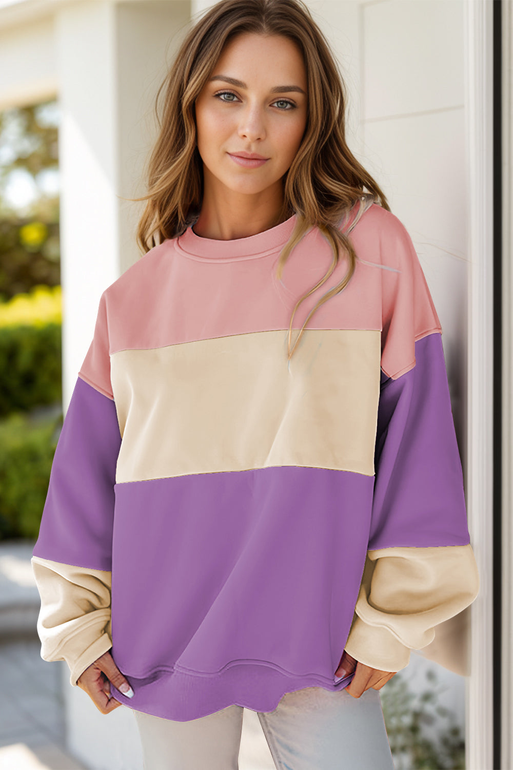 Blue Zone Planet | Color Block Round Neck Long Sleeve Sweatshirt-TOPS / DRESSES-[Adult]-[Female]-Pastel Yellow-S-2022 Online Blue Zone Planet