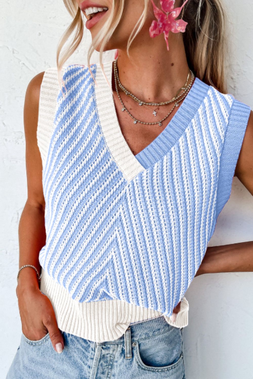 Striped Contrast V-Neck Sweater Vest-TOPS / DRESSES-[Adult]-[Female]-Light Blue-S-2022 Online Blue Zone Planet